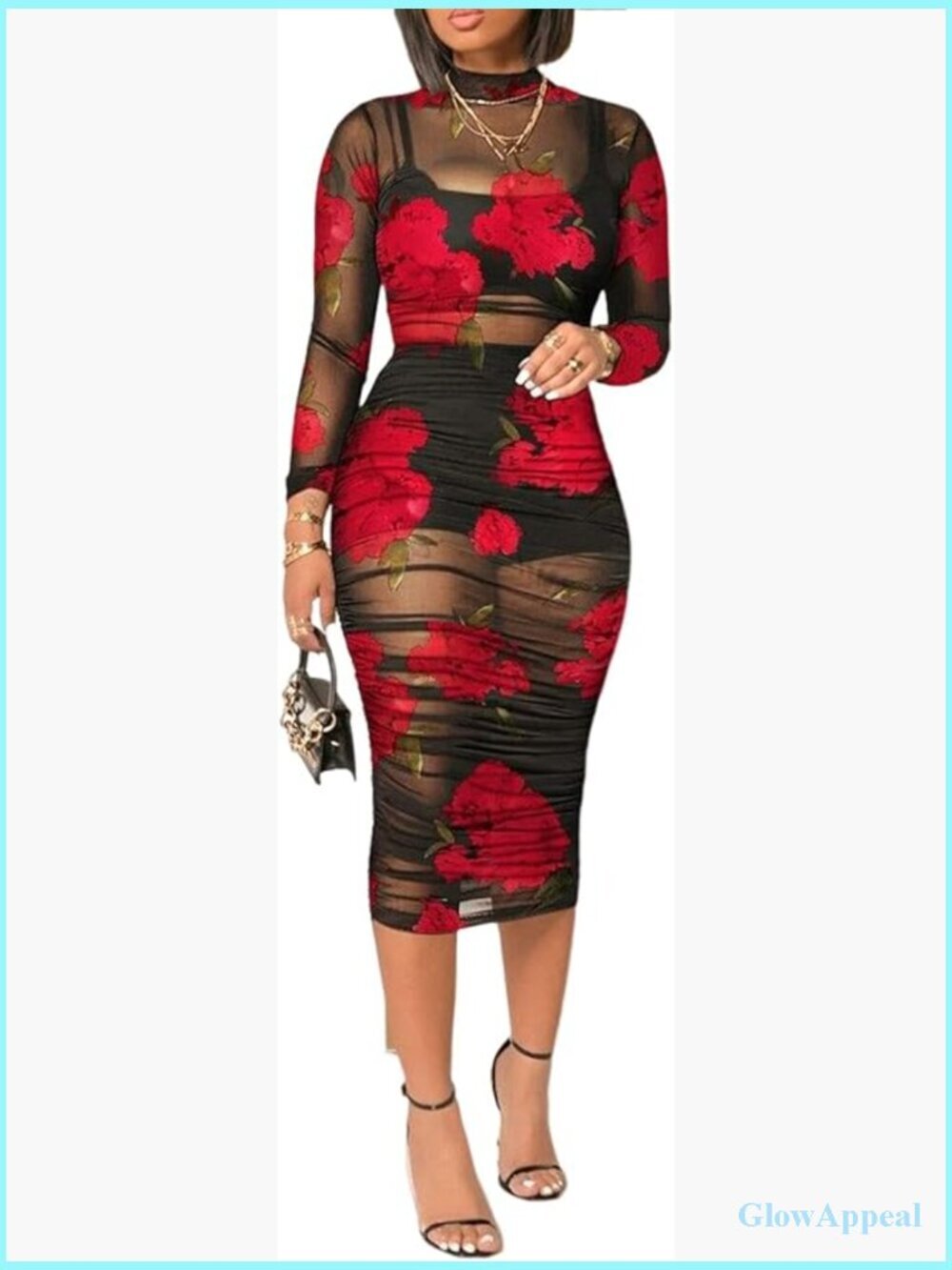 Sheer Mesh Bodycon Midi Dress Long Sleeve 3 Piece Outfit Set Floral